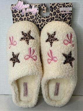 Willow & Ruby Women Leopard Stars Pink Bows Cream Sherpa Slippers Large 9/10 New
